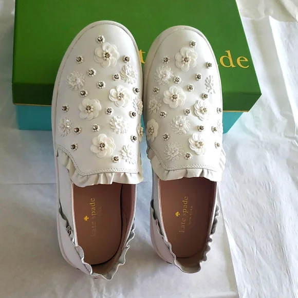 Kate Spade NEW Sneakers Embellished Leather Slip-on White Women's 9.5 NIB - Picture 10 of 17
